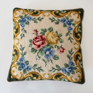 Vintage Needlepoint Floral Cross Stitch Cushion Pillow 14” Grandma Cottage